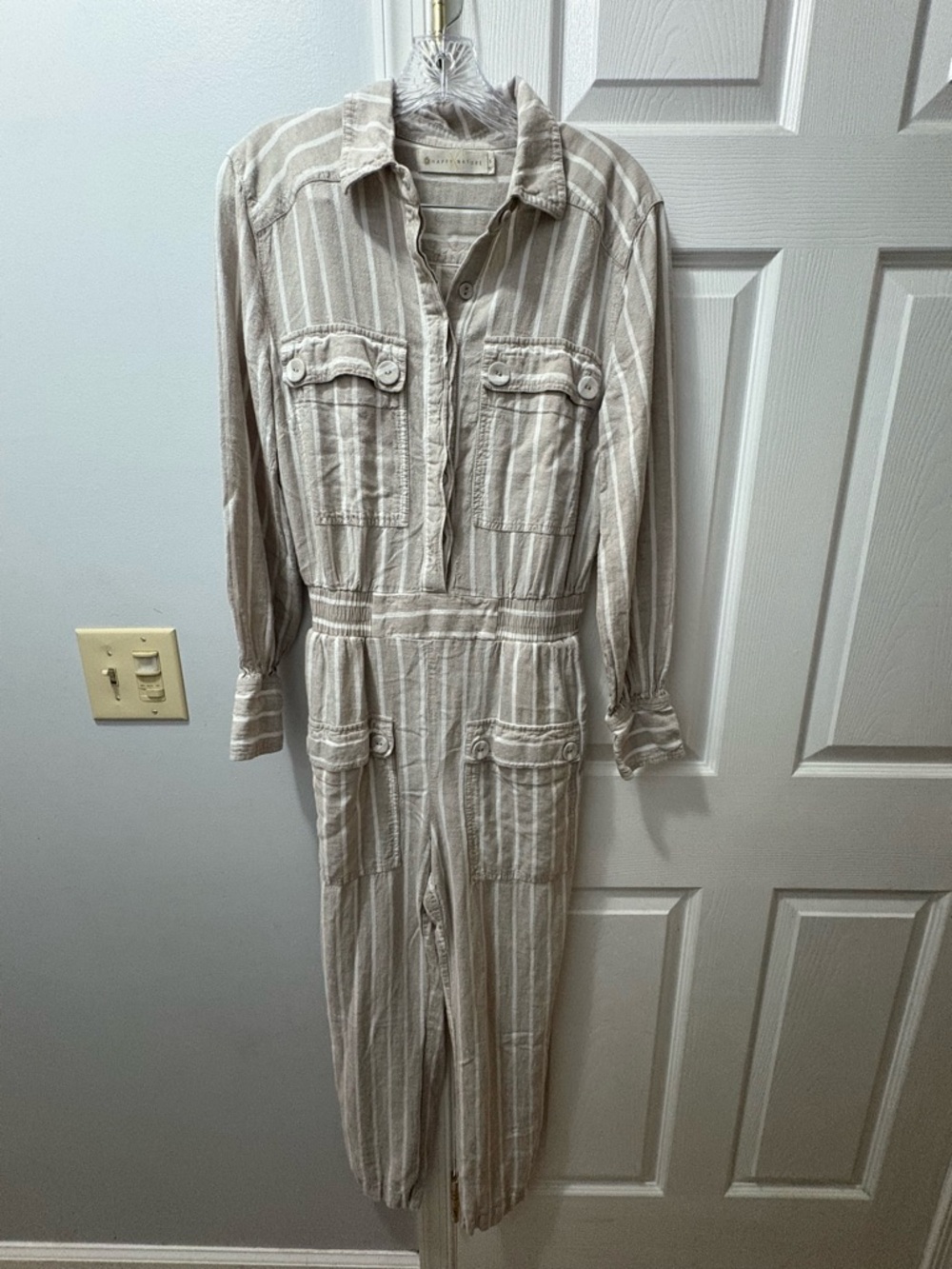 Happy x Nature Kate Hudson Beige White Stripe Linen Blend Jumpsuit Size Small